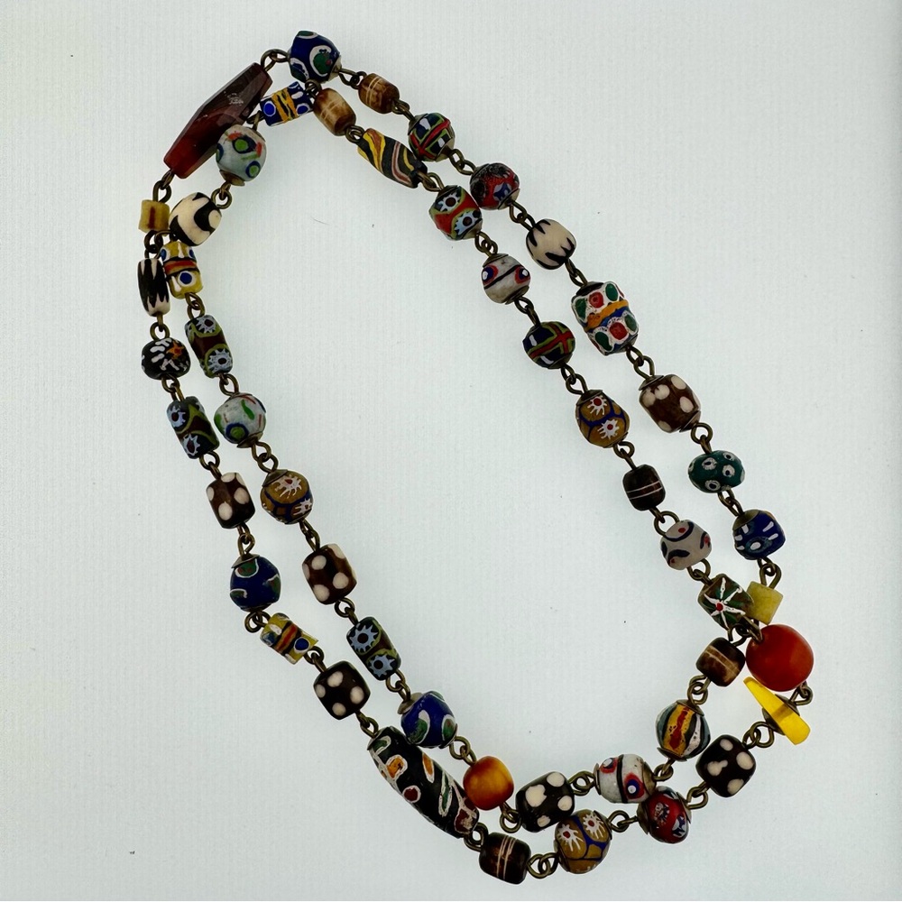 One of a kind Vintage Hand painted Ceramic Bead Long Necklace heavy